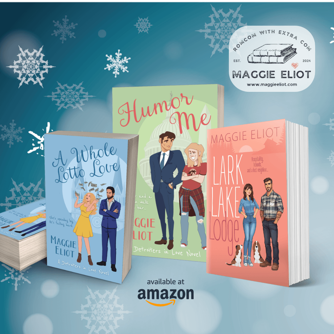 Book covers with illustrations of people, snowflakes background, and a logo for Maggie Eliot with a train image.