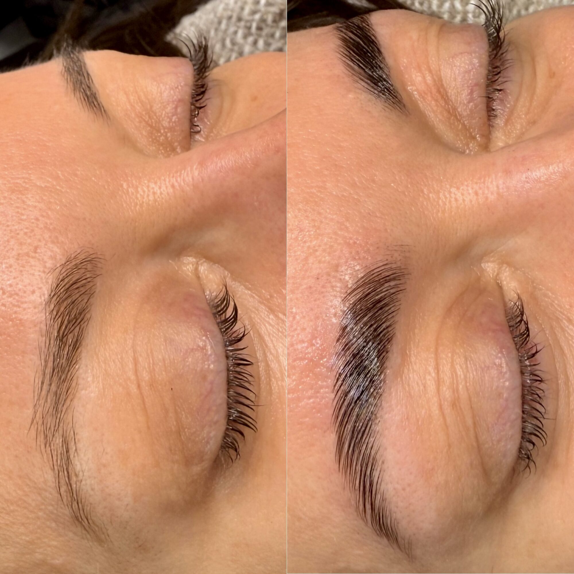 Close-up of closed eyes with well-groomed eyebrows and long eyelashes, showing skin texture and fine lines.