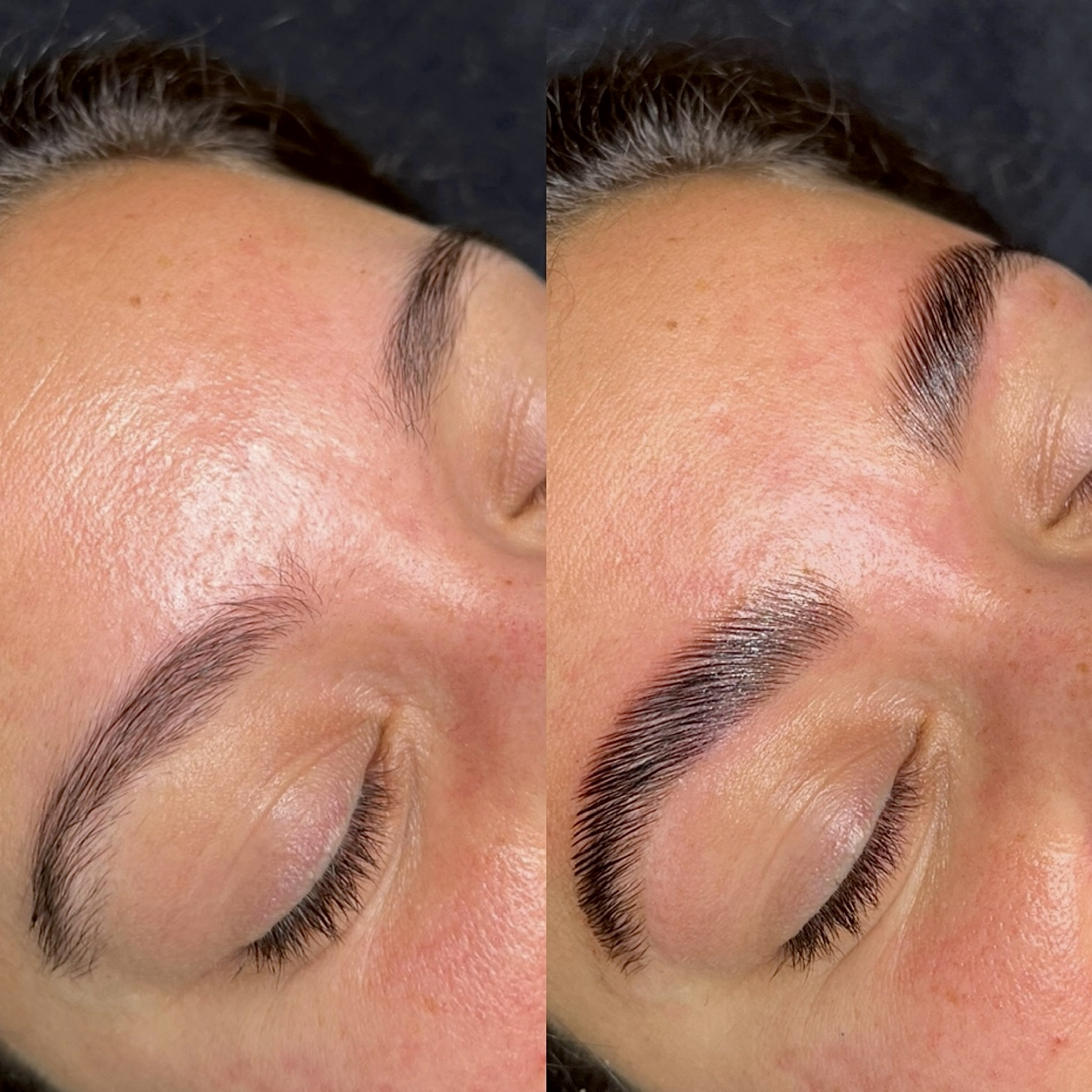 Close-up of a person's face showing before and after eyebrow grooming, with eyebrows appearing fuller and more defined in the after image.