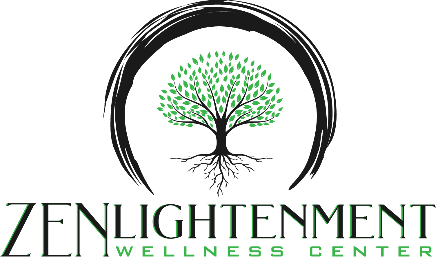 Green tree with roots inside a black circle, with text 'ZENLIGHENMENT WELLNESS CENTER' below.