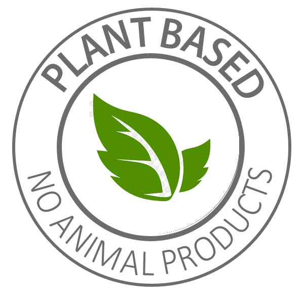 Circular logo with green leaf icon in center, text 'PLANT BASED' above, 'NO ANIMAL PRODUCTS' below.