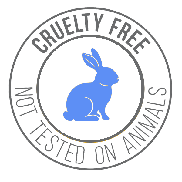 Circular badge with a blue rabbit in the center, surrounded by text indicating cruelty-free and not tested on animals.