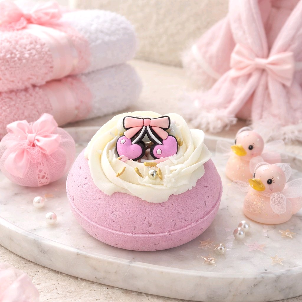 Pink bath bomb with white cream and pink bow decoration, surrounded by duck figurines and towels.