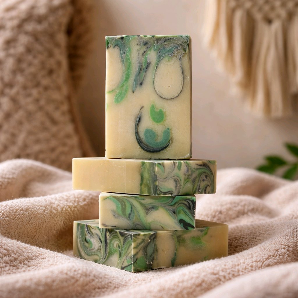 Stacked soap bars with green, white, and black marbled patterns on a soft fabric surface.