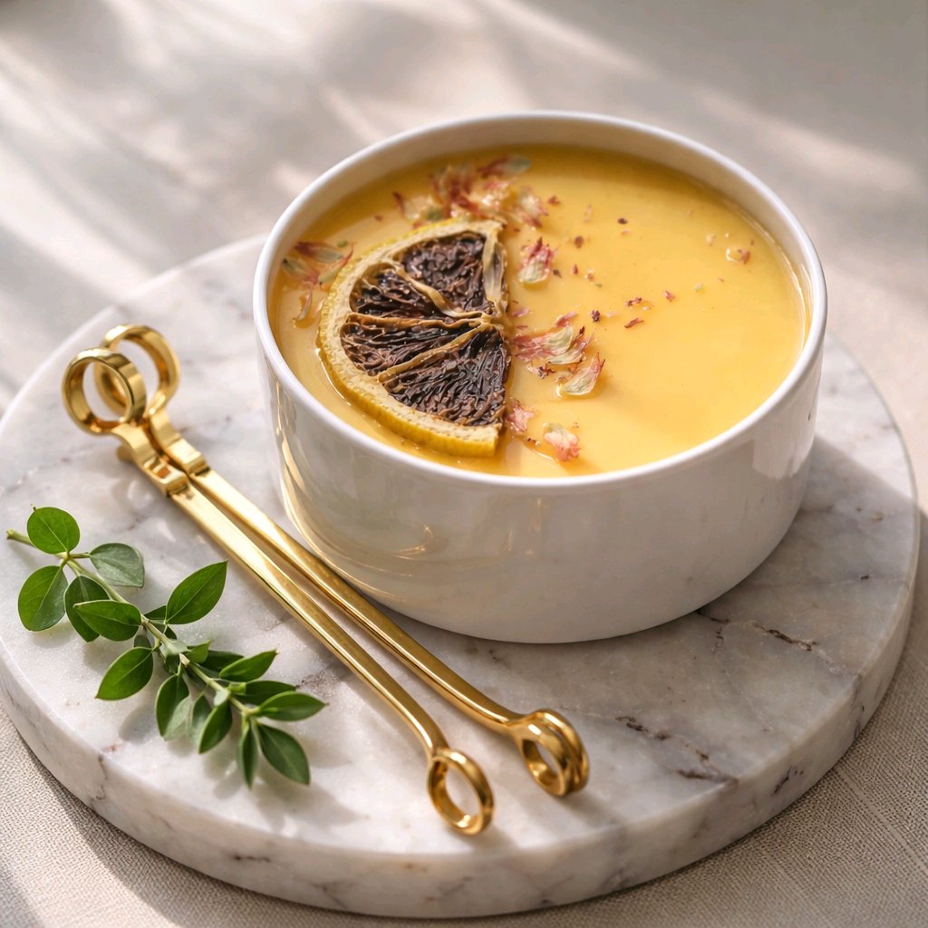 Cream-colored bowl with yellow soup, garnished with a dried lemon slice and small pinkish toppings, on a marble surface.