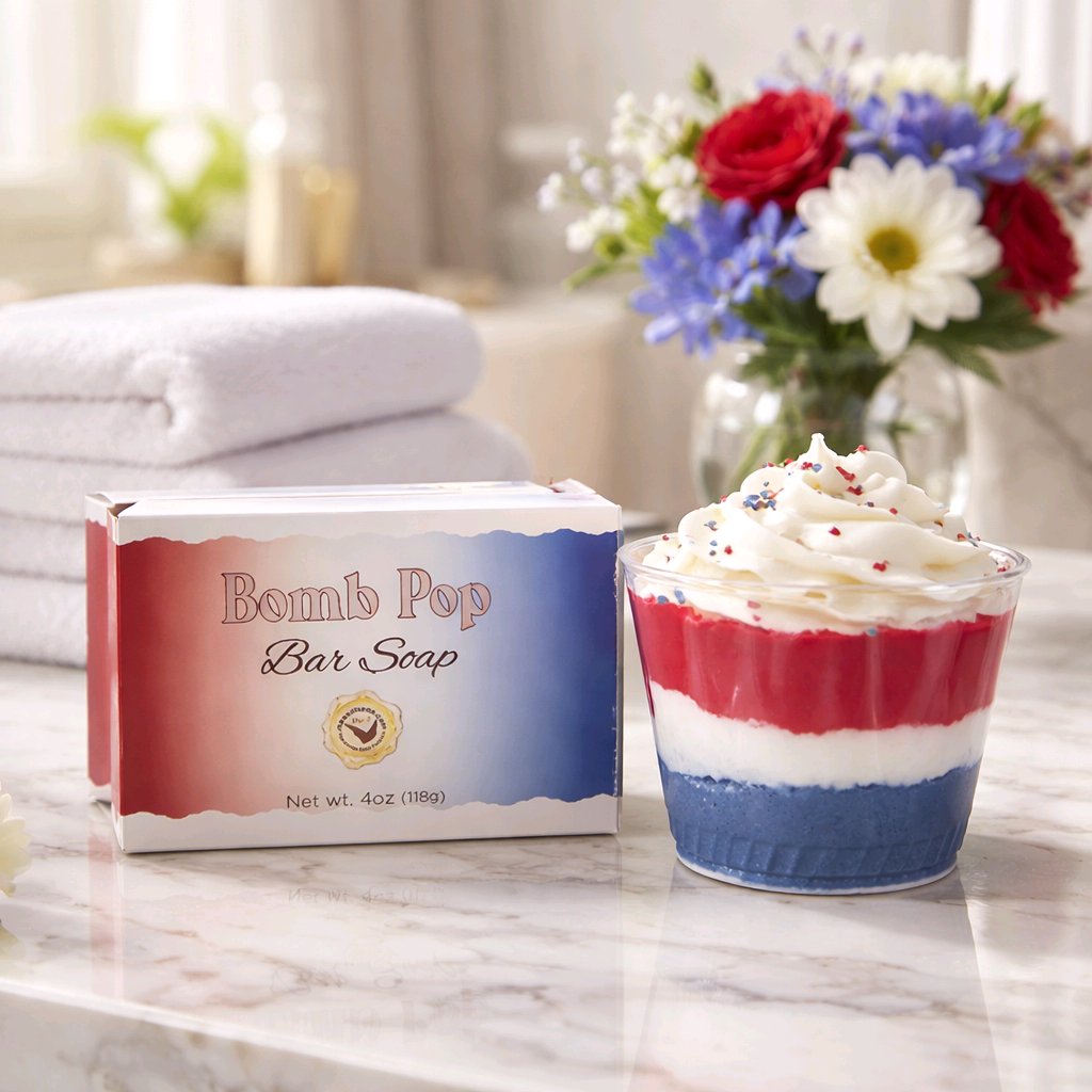 Bar soap with red, white, and blue layers next to a whipped topping dessert in a glass, with a bouquet of flowers in background.