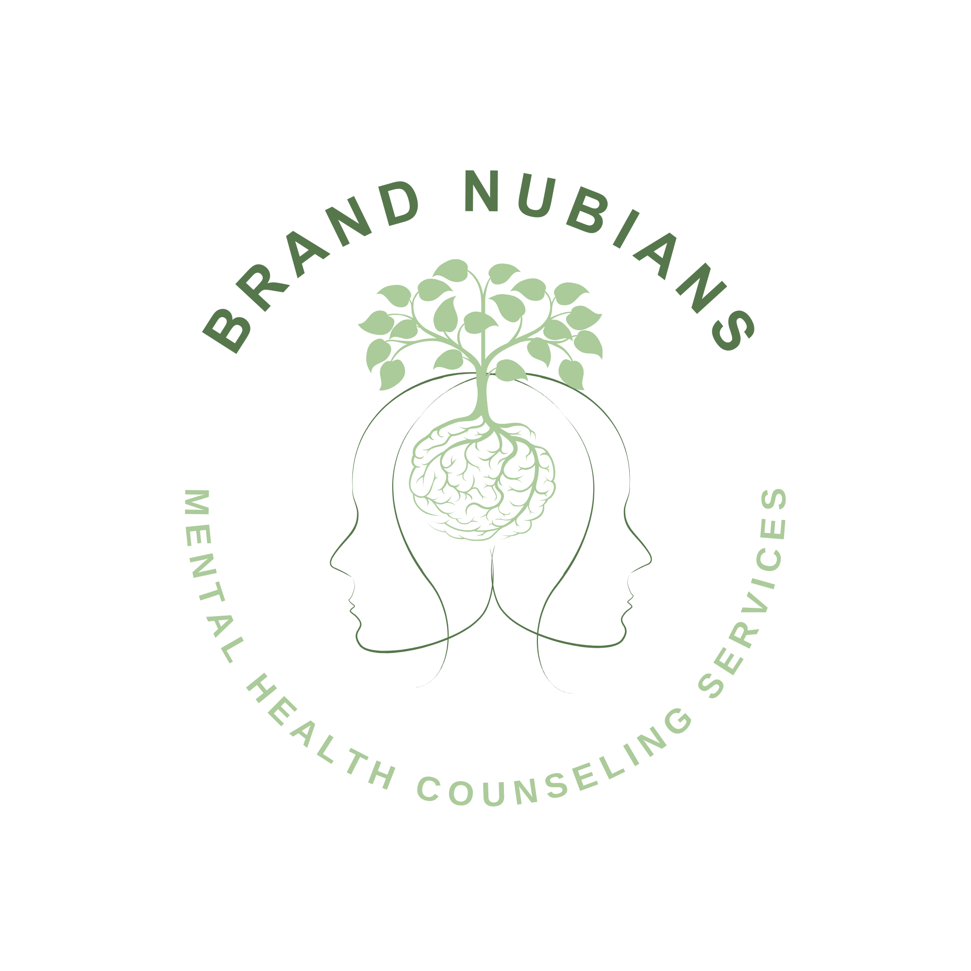Logo with two faces, a tree, and a brain, surrounded by text about mental health counseling services.