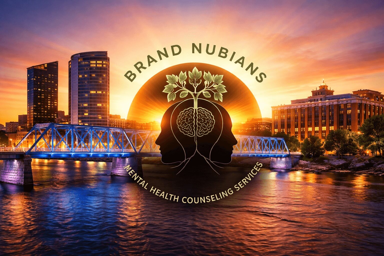 City skyline at sunset with a bridge over water and a logo with a brain and tree in the center.