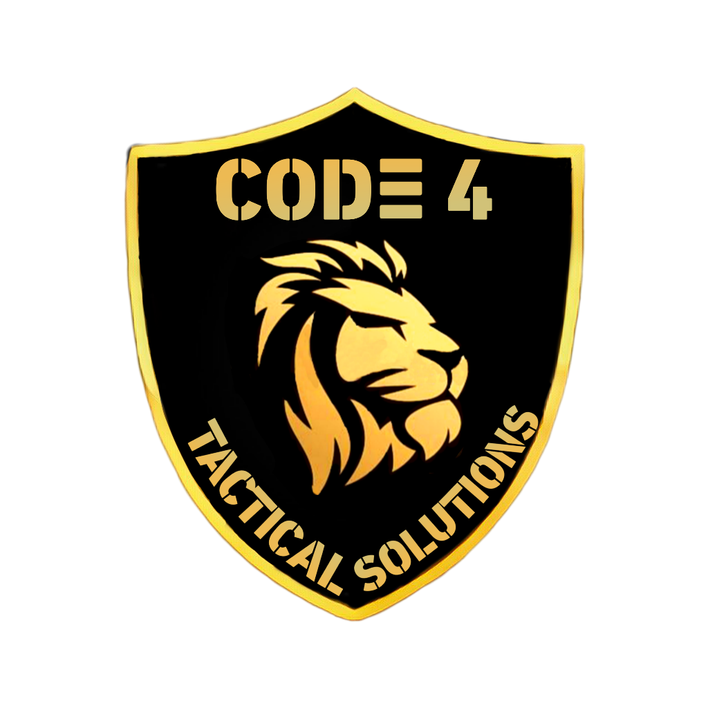 Shield emblem with a lion's head and the text 'CODE 4 TACTICAL SOLUTIONS'.