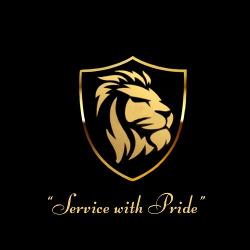Gold lion's head inside a shield with the text 'Service with Pride' below.