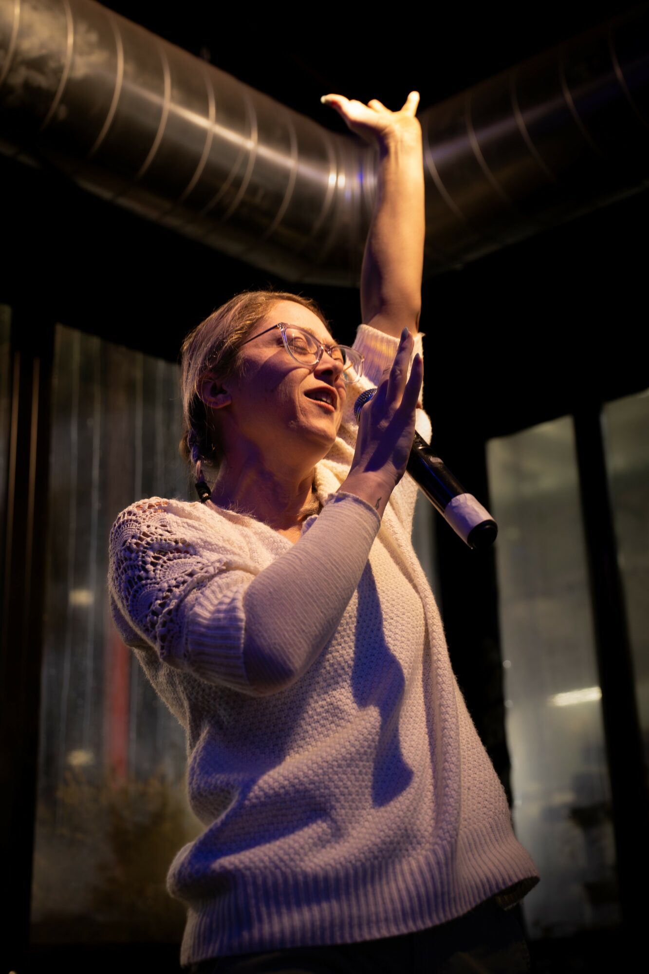 Woman speaking into microphone, gesturing with her hand, indoors with dark ceiling and window behind her.