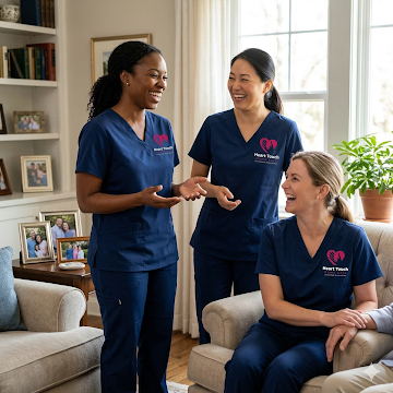 Three healthcare professionals in navy scrubs talking and smiling in a living room with bookshelves and a window.