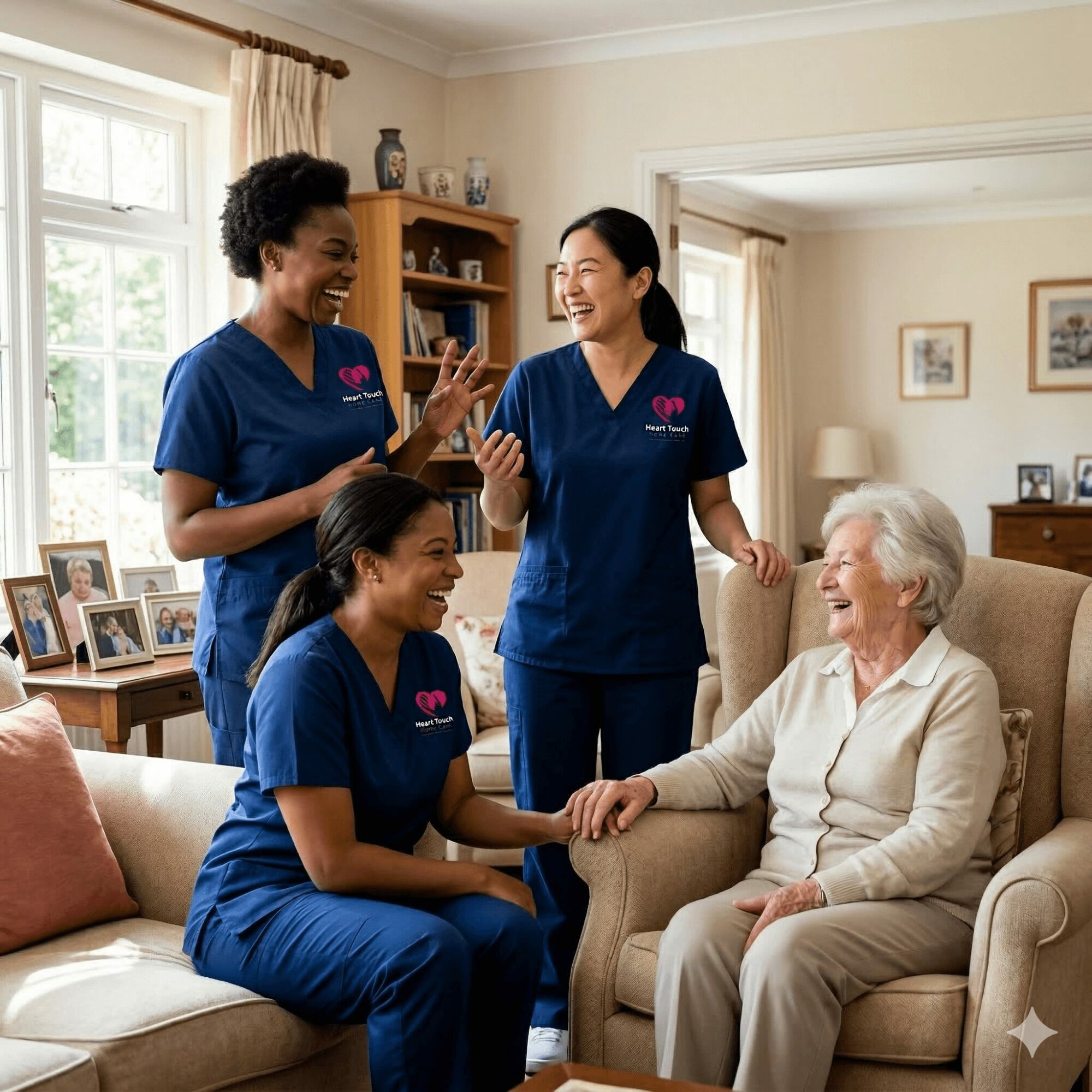 Four women, three in blue scrubs, are smiling and talking in a living room with an elderly woman sitting on a beige armchair.
