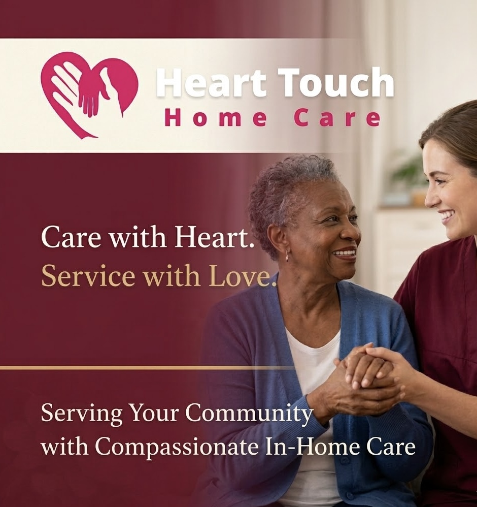 Older woman and caregiver smiling, holding hands, in a home setting, promoting compassionate in-home care services.