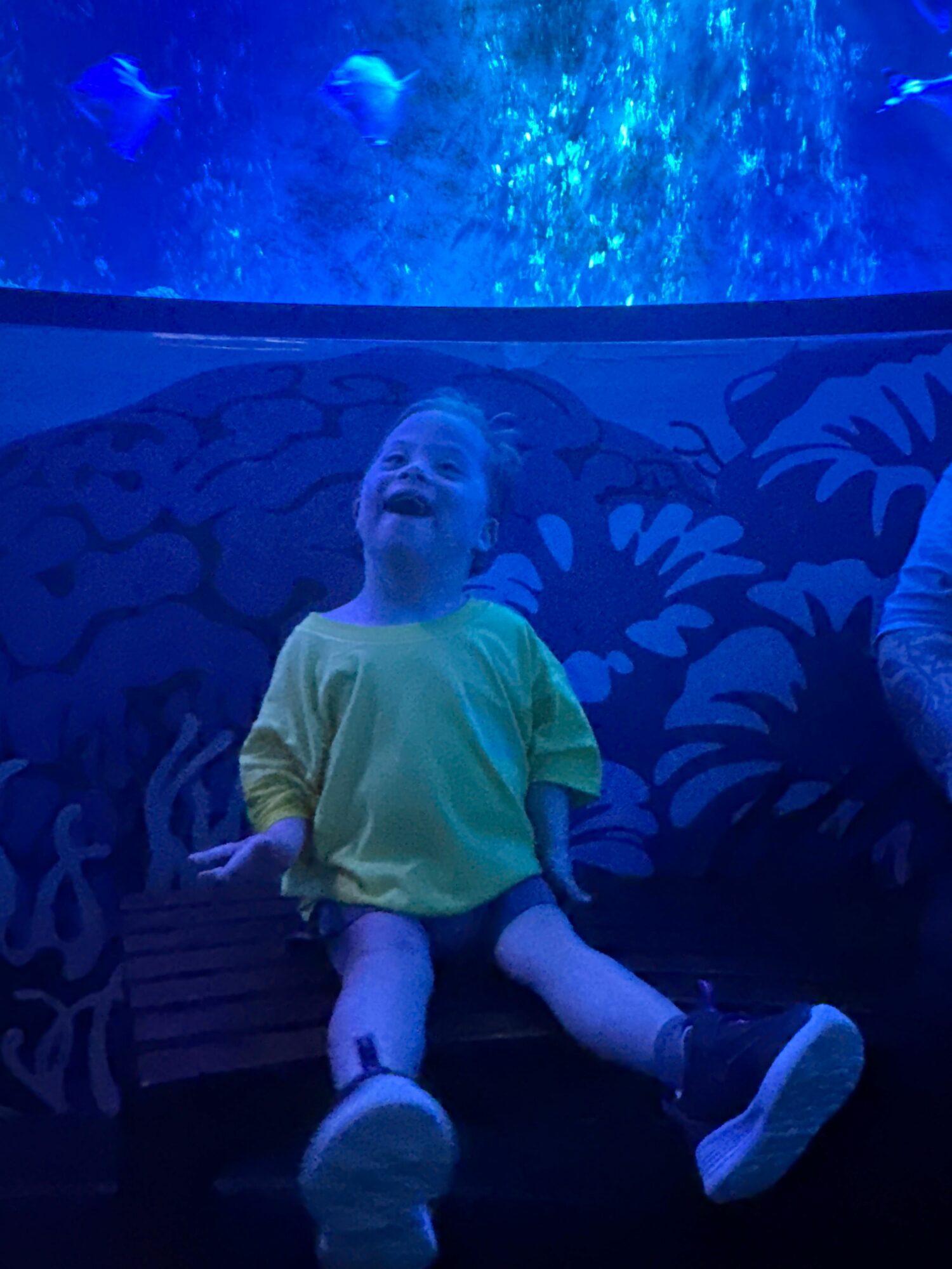 Child sitting and smiling in an aquarium with blue lighting and aquatic decor.