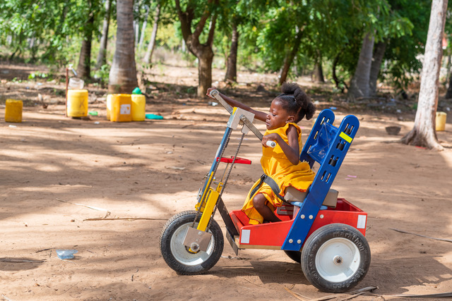 Child riding a tricycle outdoors on dirt ground with trees in background.