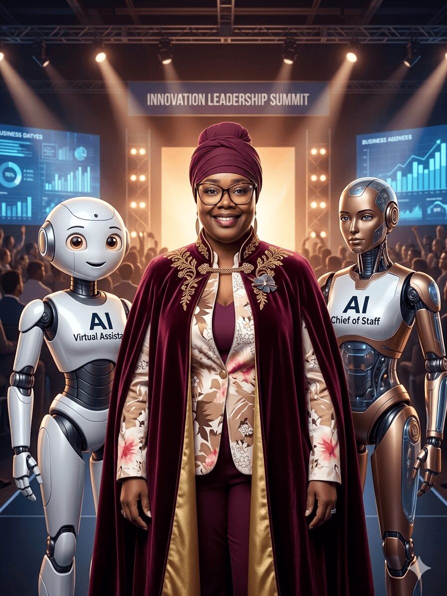 Woman in formal attire standing between two robots at a technology summit with digital screens behind.