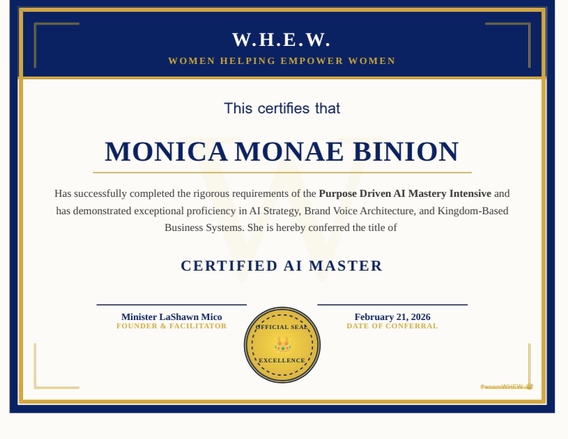 Certificate awarded to Monica Monae Binion for AI Master certification, signed and dated February 21, 2026.