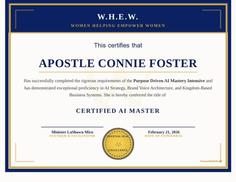 Certificate with blue and gold border, text certifying Apostle Connie Foster as a master, date February 21, 2026.
