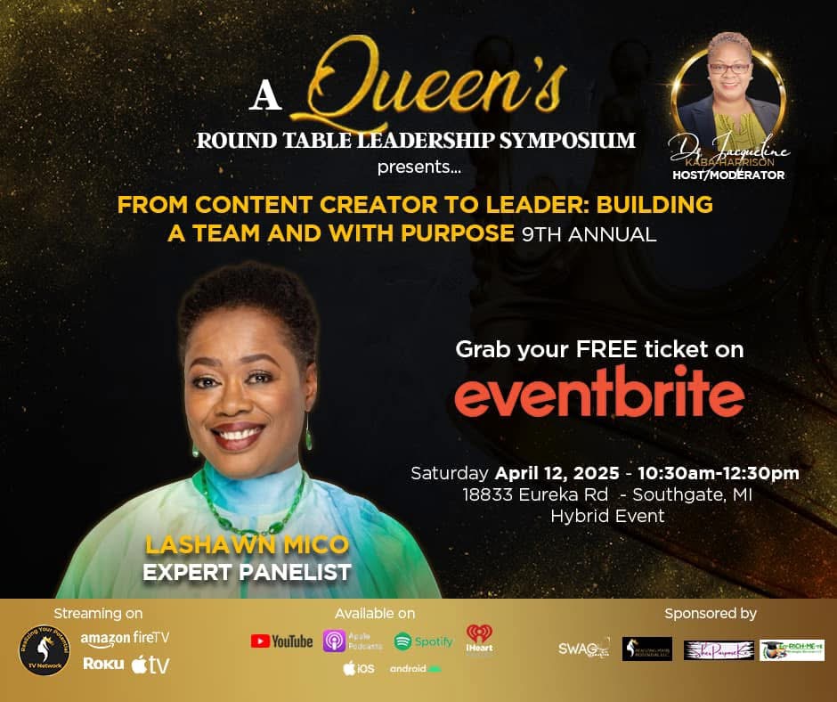 Event poster for Queen's leadership symposium featuring speaker Lashawn Mico, date, location, and sponsor logos.
