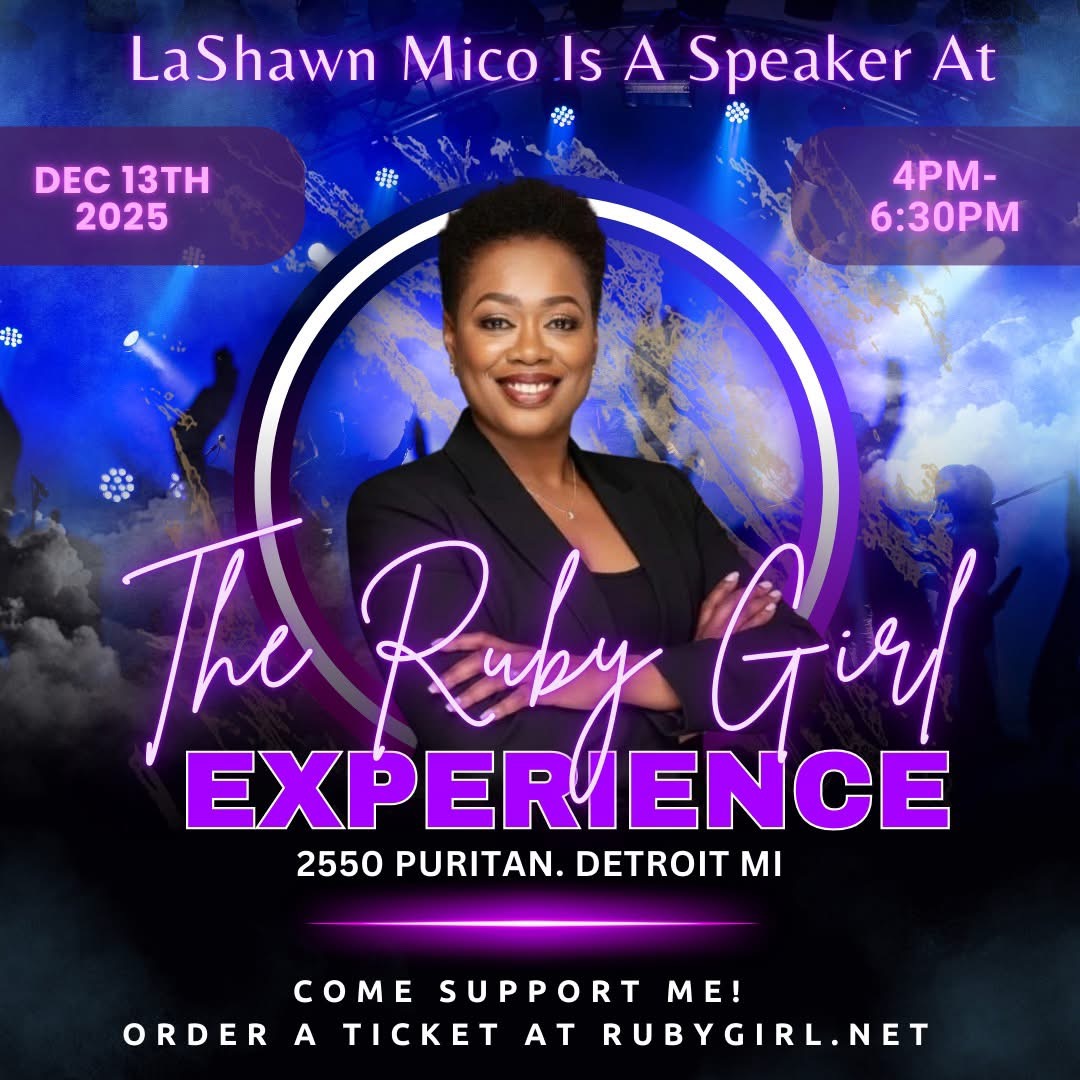 Poster featuring a smiling woman with short hair, event details, and a purple and blue background with clouds and lights.