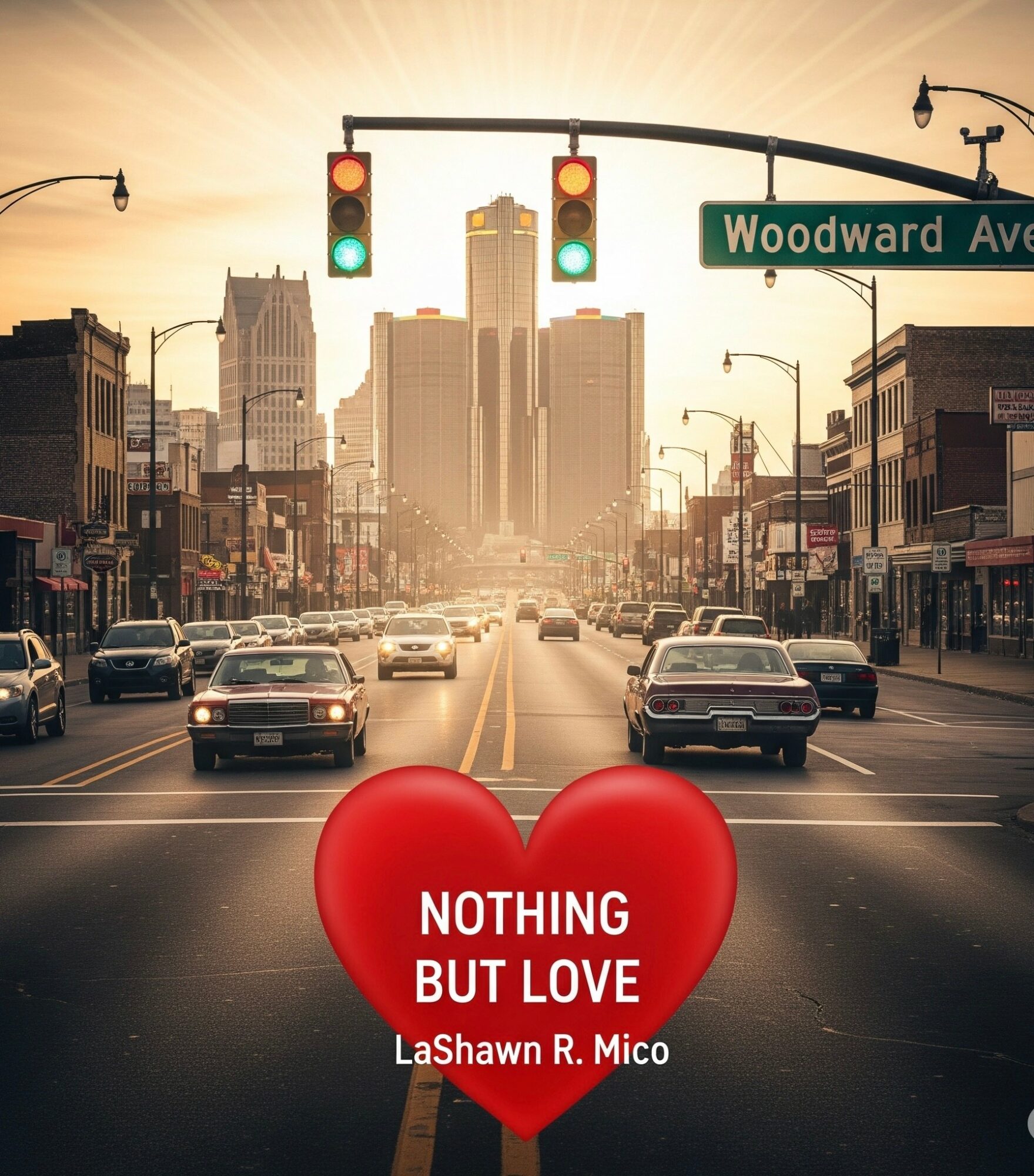 City street with cars, traffic lights, and buildings at sunset, with a red heart and text overlay.