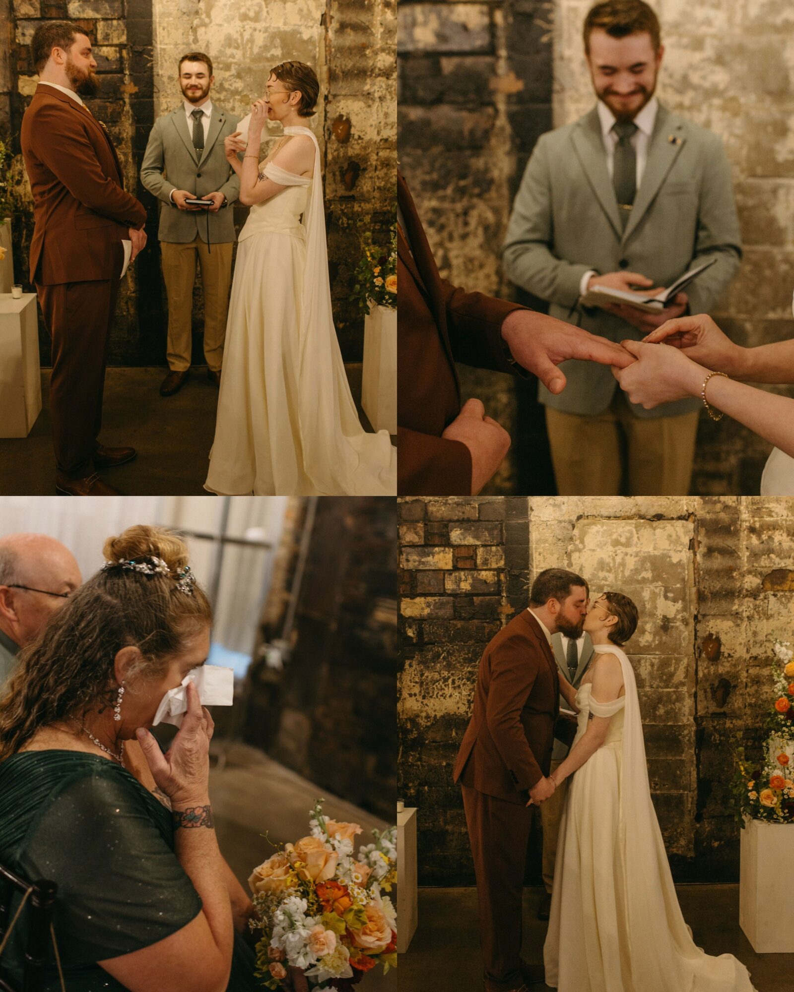 People exchanging rings and holding hands during a wedding ceremony in a rustic setting.