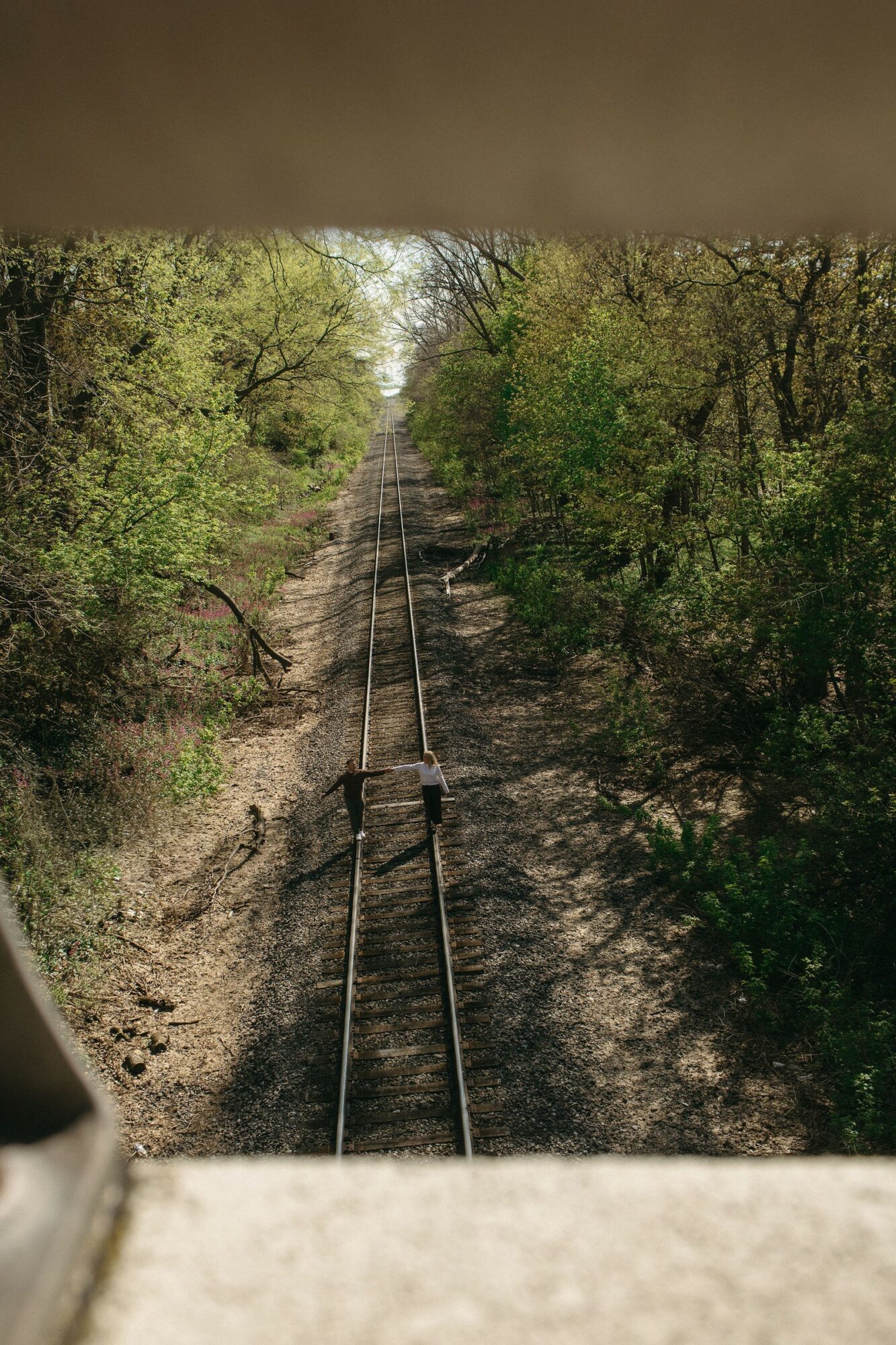 View of railway tracks through a window, surrounded by green trees and foliage, extending into the distance.