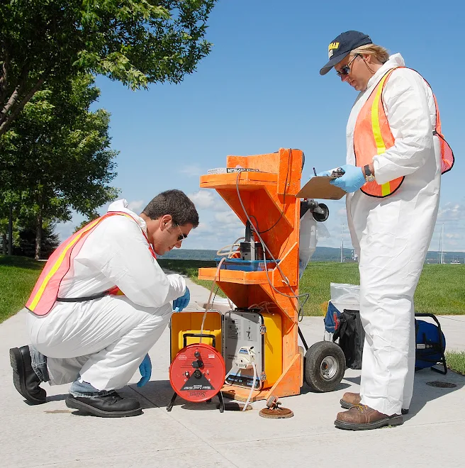 Two workers in white protective suits and safety vests operate a large orange machine outdoors on a sunny day.