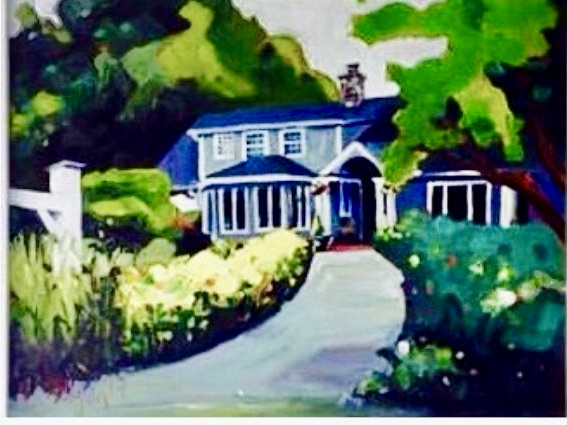 House with blue roof surrounded by green trees and bushes, pathway leading to the entrance, colorful garden.
