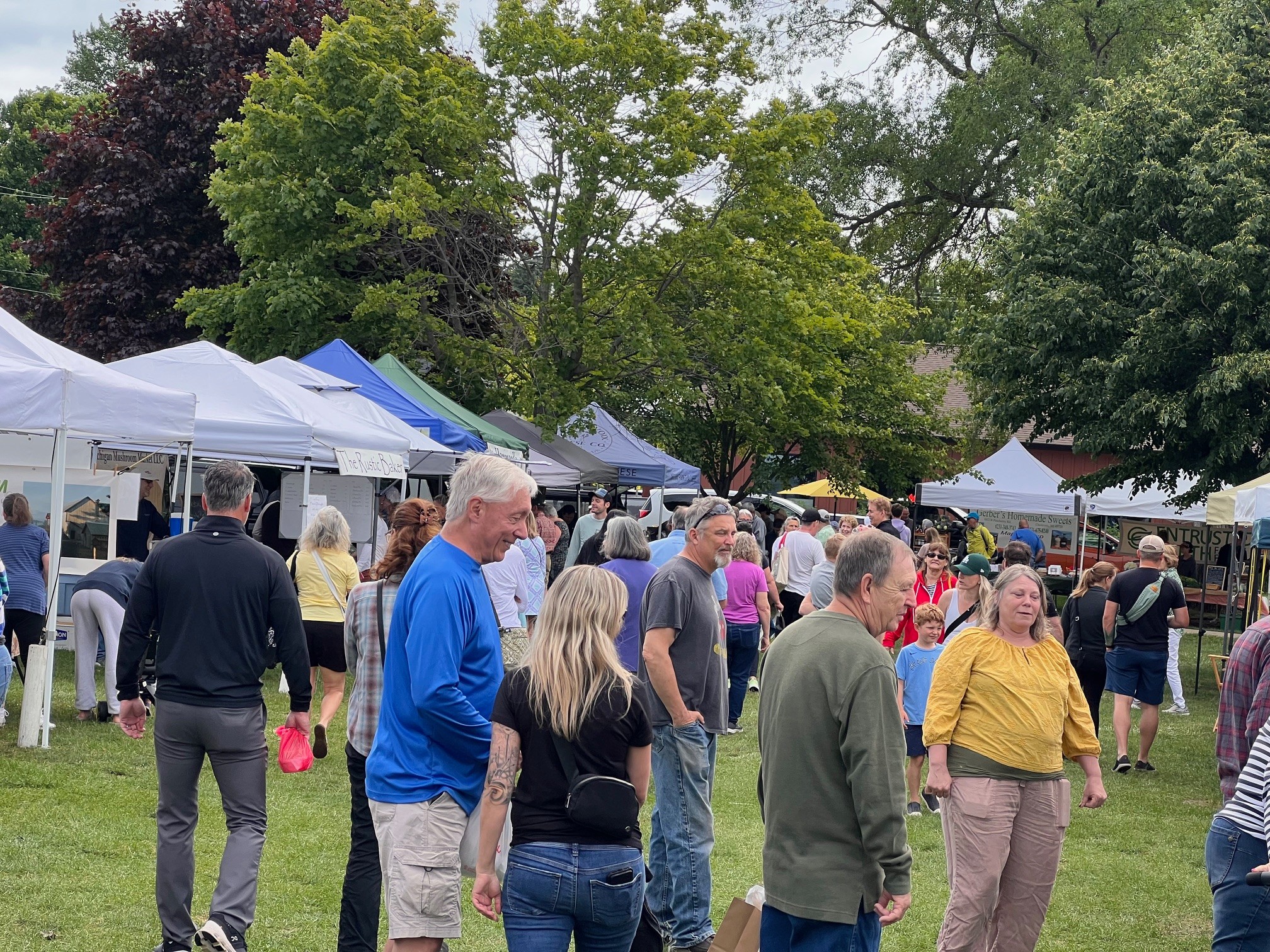People gathered outdoors at a market with tents and trees in the background.