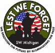 Silhouettes of three people with an American flag background, surrounded by text, promoting future by illuminating the past.