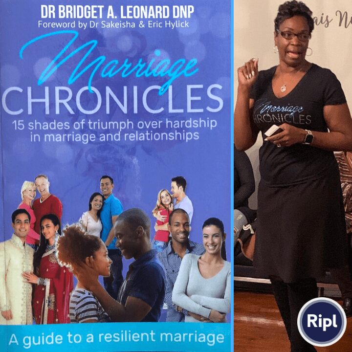 Woman speaking at a book event, holding a book titled 'Marriage Chronicles' with a group of people in the background.