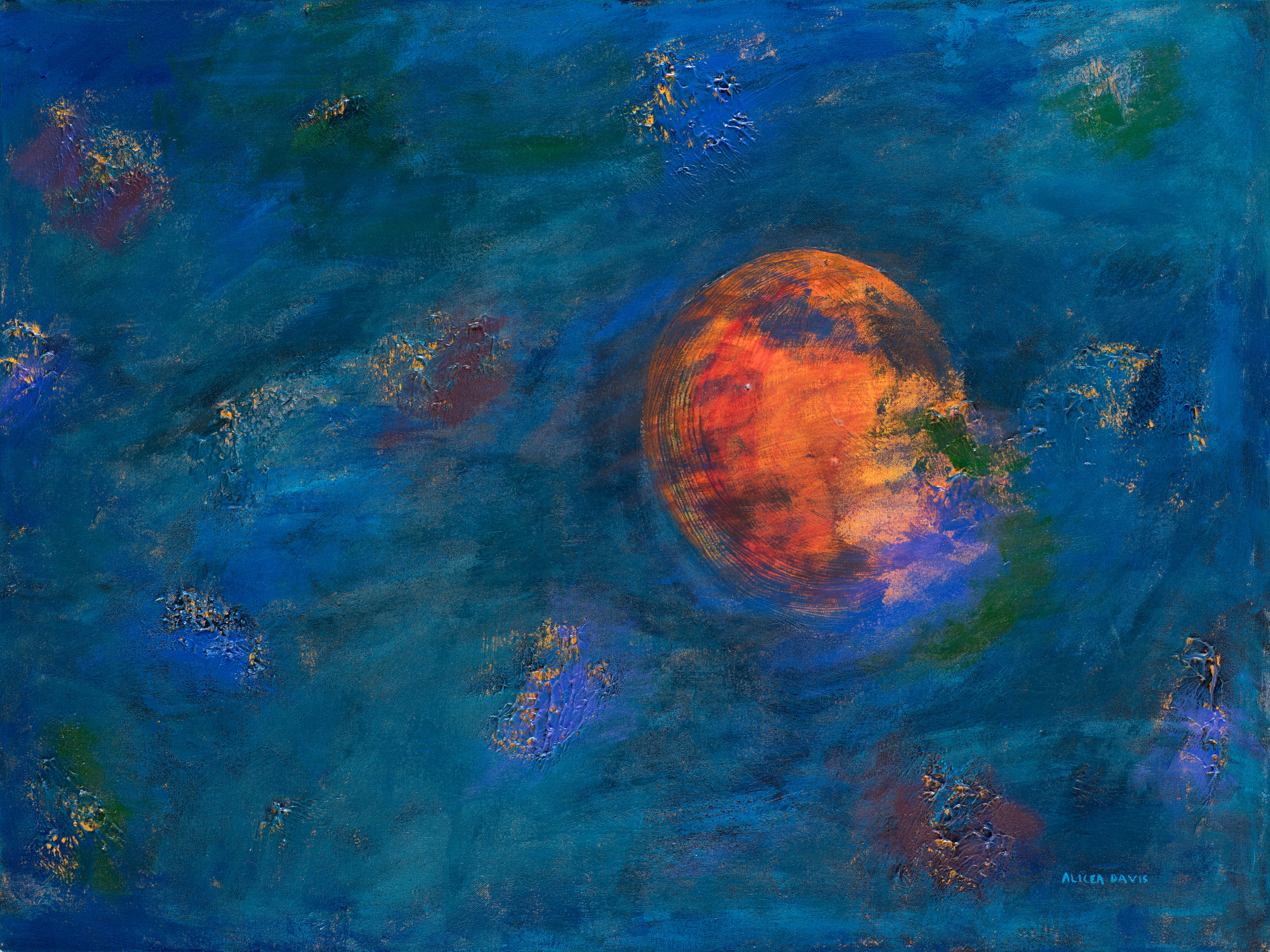 Abstract painting with a large orange and purple sphere against a blue-green textured background.