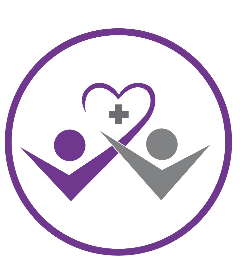 Two stylized human figures with a heart and medical cross inside a circle.
