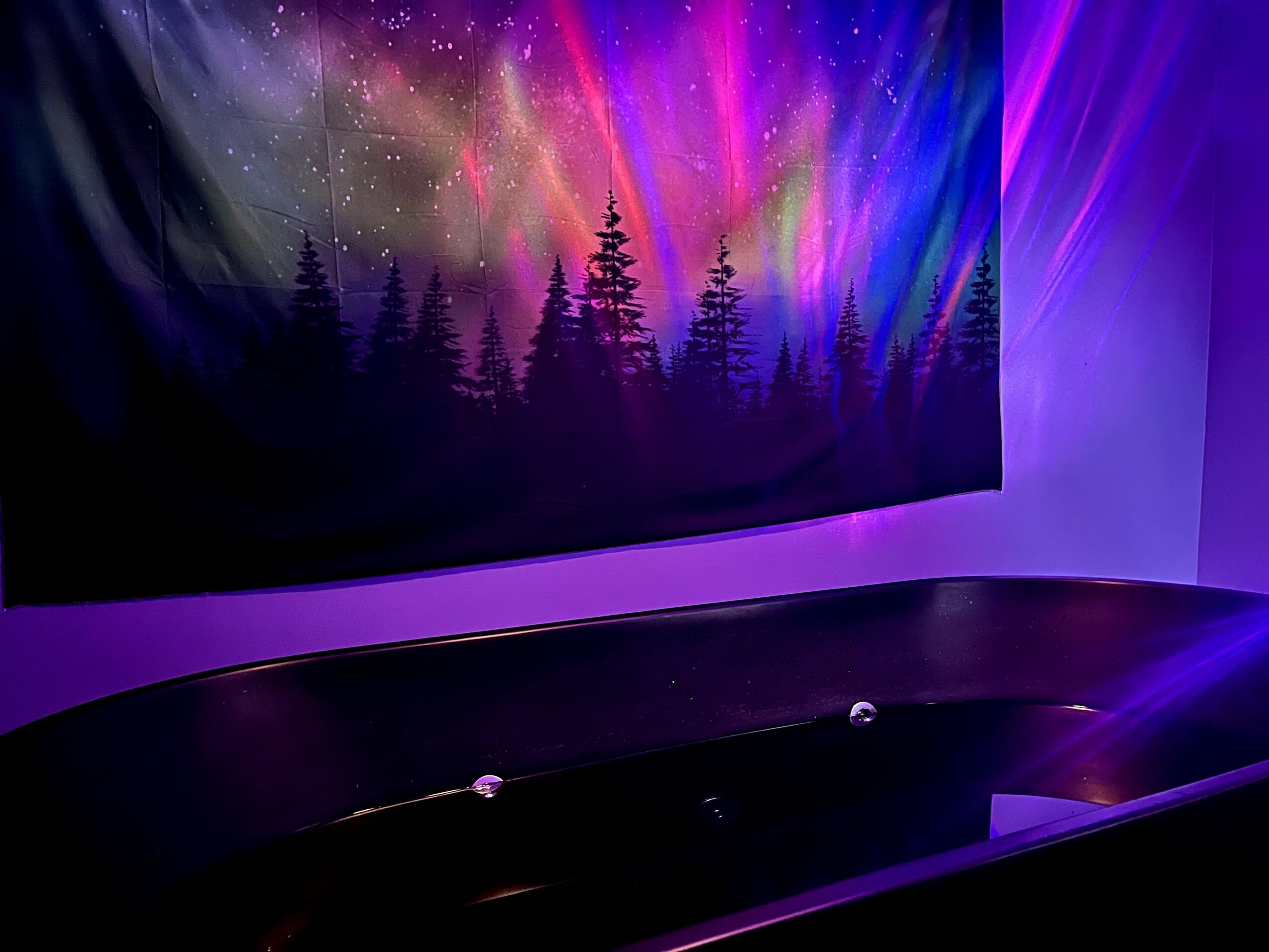 Dark room with a curved surface and a vibrant, colorful northern lights display on the wall.