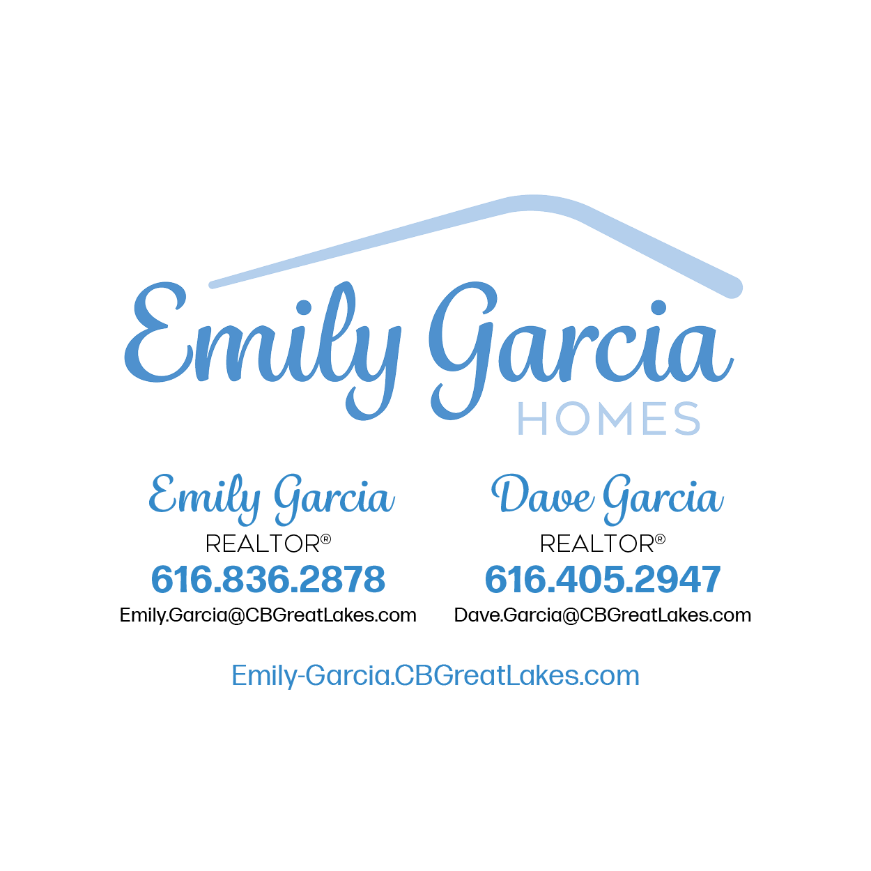 Black background with blue and white text displaying Emily Garcia Homes contact information and logo.