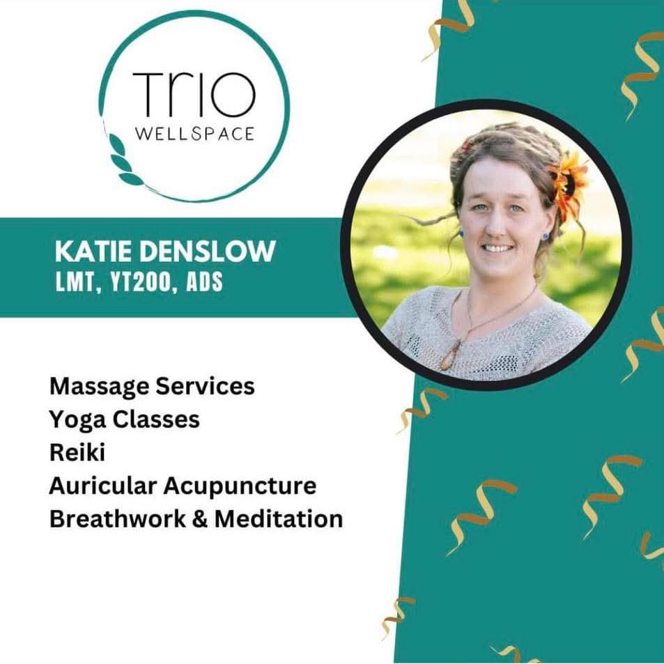 Business card with a woman's photo, logo, and list of wellness services offered.
