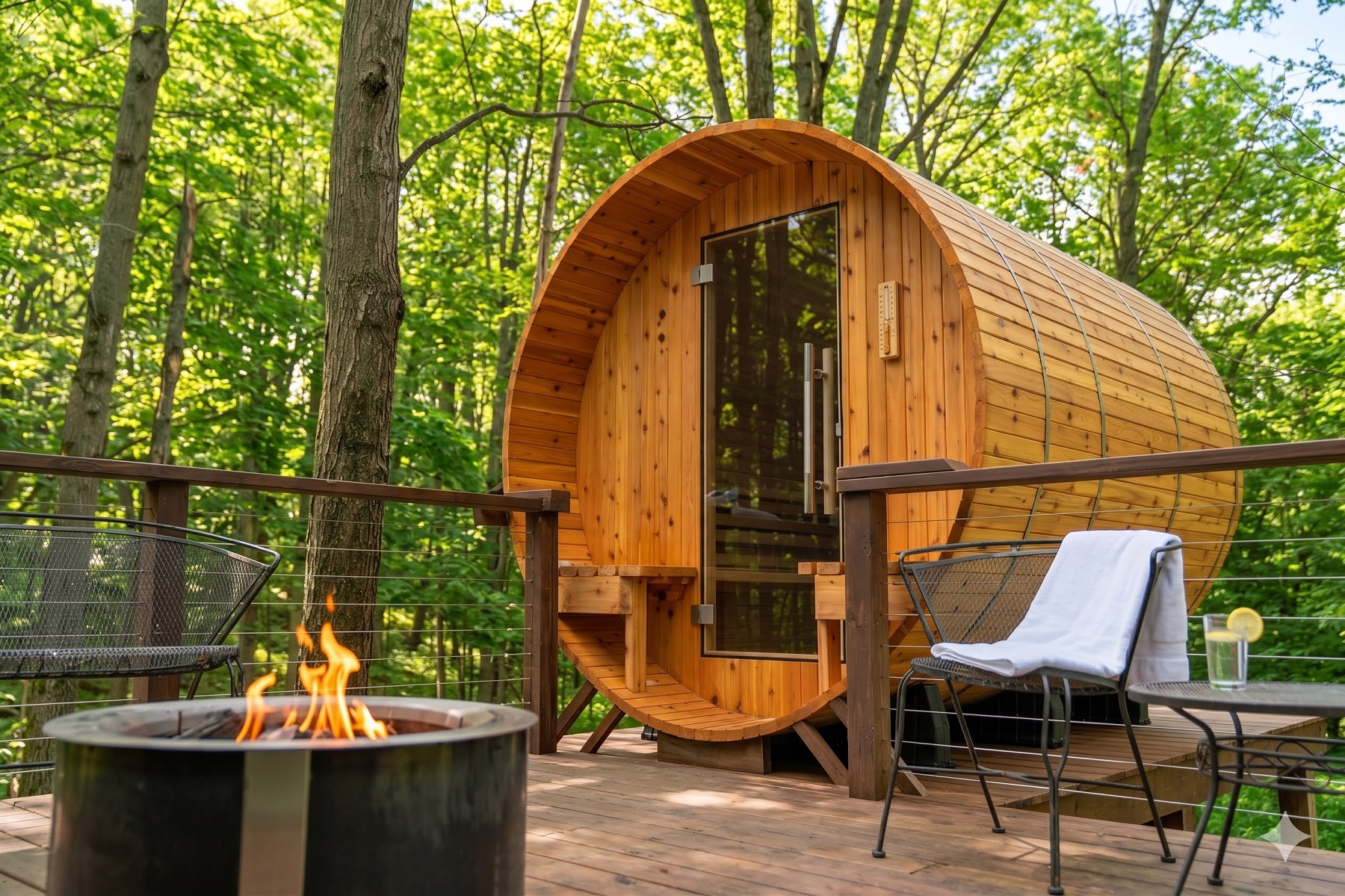 Wooden barrel-shaped outdoor sauna with glass door, surrounded by trees, with a fire pit and seating area nearby.