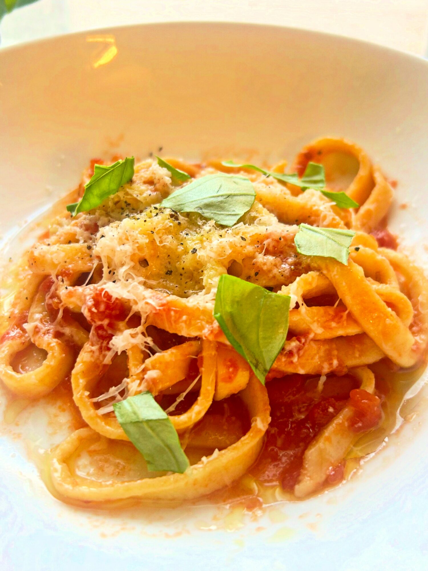 Plate of pasta with tomato sauce, topped with basil leaves and grated cheese.