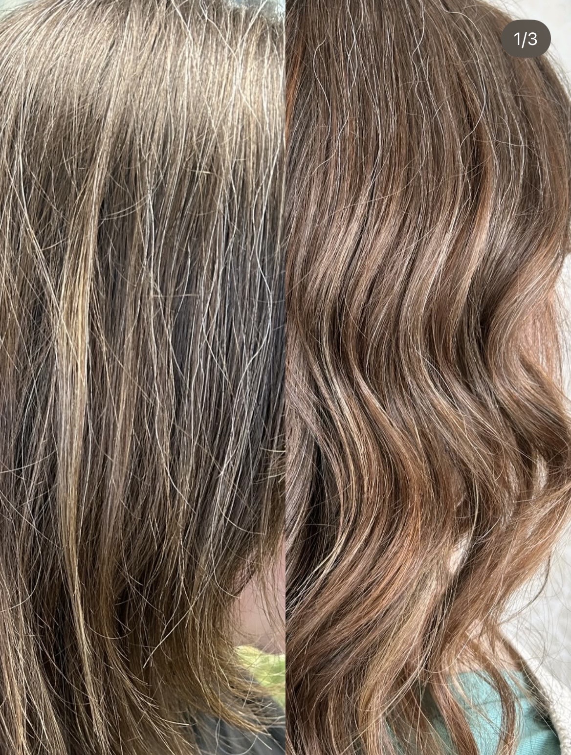 Comparison of two hair images, showing different hair colors and styles, with wavy hair on the right and straight hair on the left.