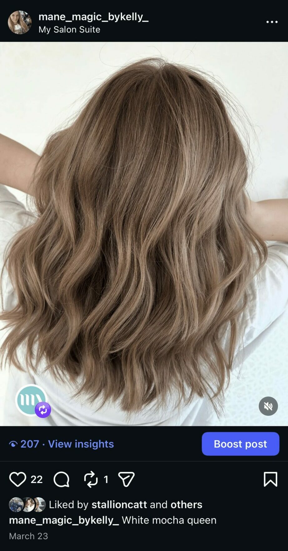 Back of a person's head with long, wavy, light brown hair, arms raised, white background.