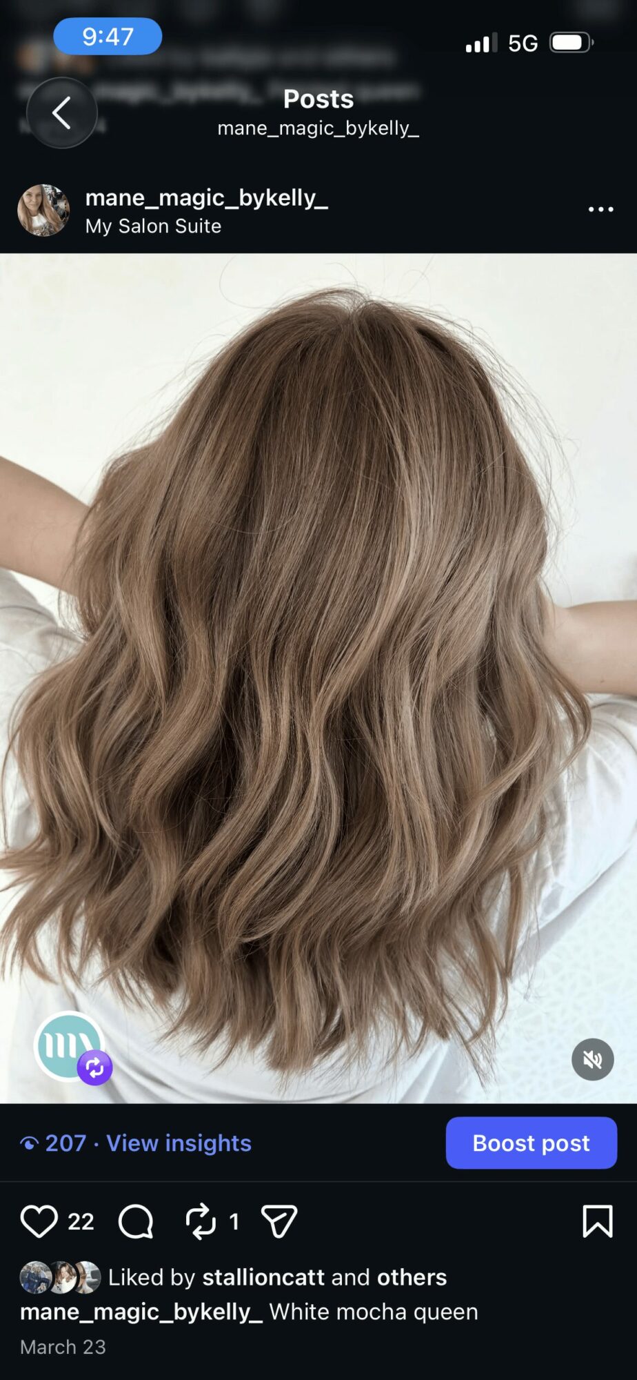Back of a person's head with long, wavy, light brown hair, arms raised, white background.