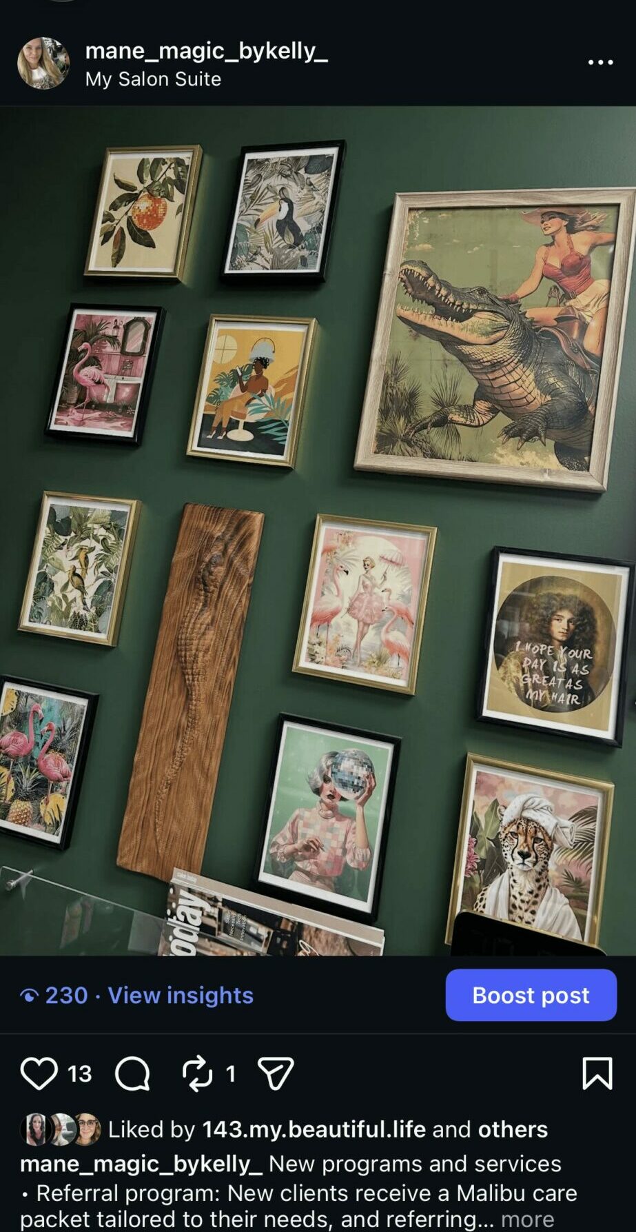 Wall with framed botanical and animal illustrations, some with colorful backgrounds, arranged in a grid pattern.
