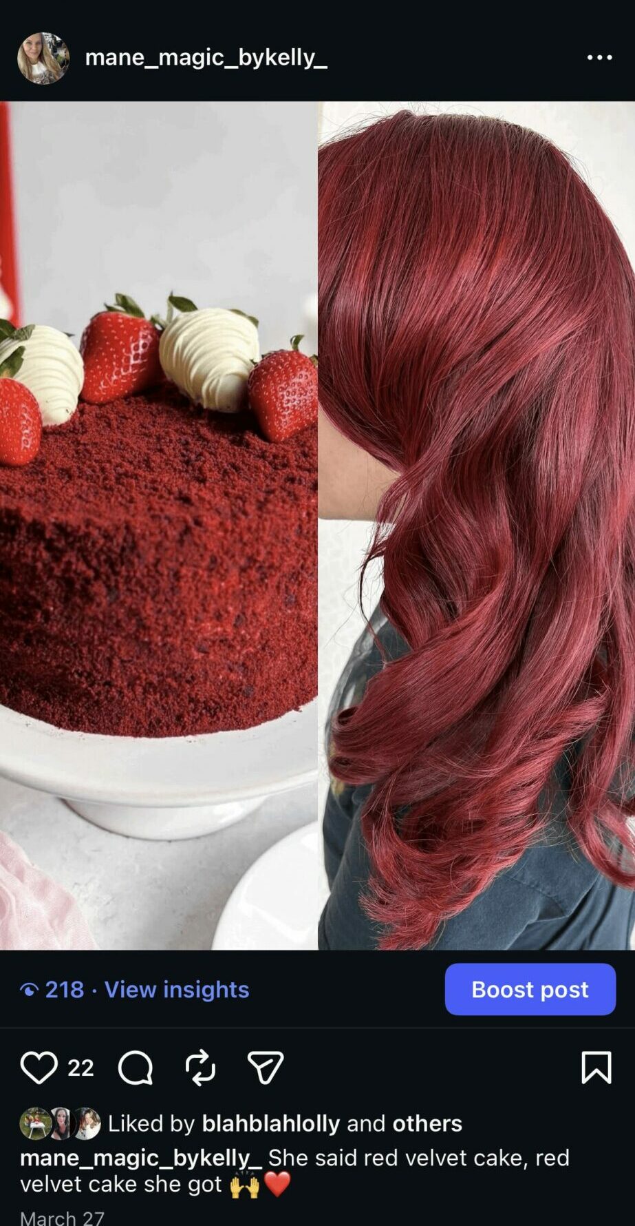 A red velvet cake with strawberries and white cream, and a person with long, wavy, red hair.