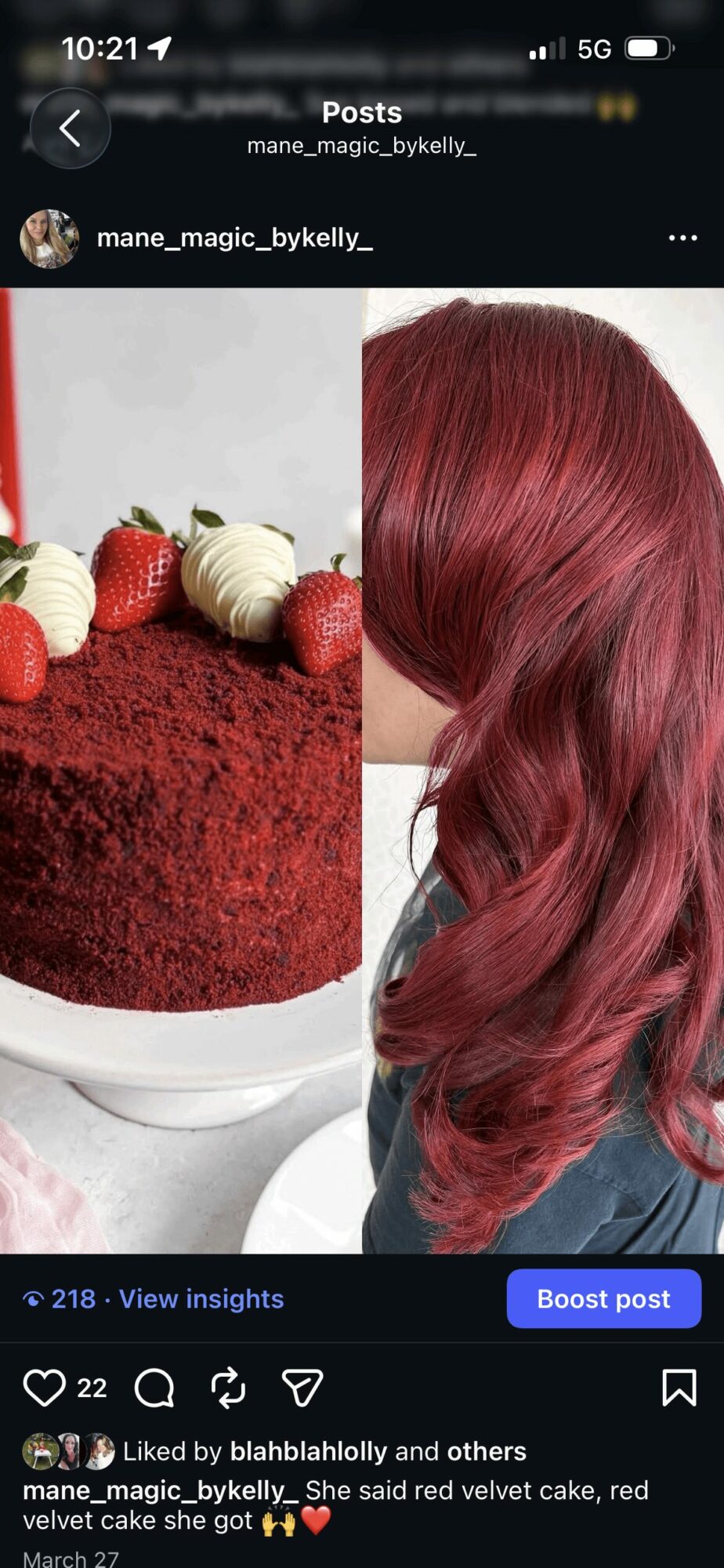 A red velvet cake with strawberries and white cream, and a person with long, wavy, red hair.