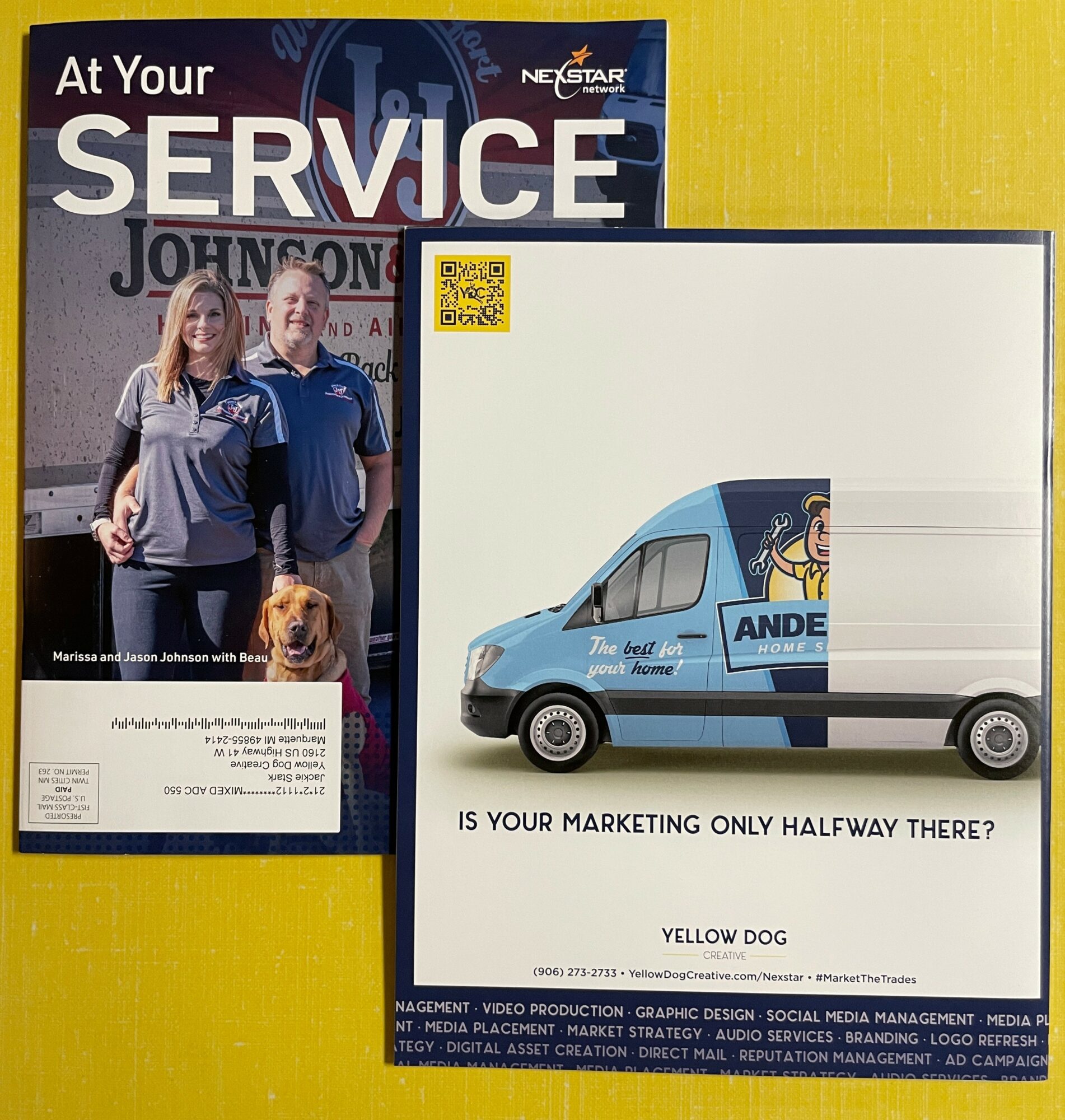 Service sign with two people and a dog, a white van, and text about marketing, on a yellow background.