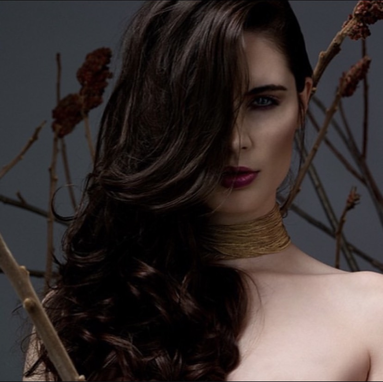 Woman with long, wavy dark hair partially covering her face, wearing a gold choker, with dried branches in background.