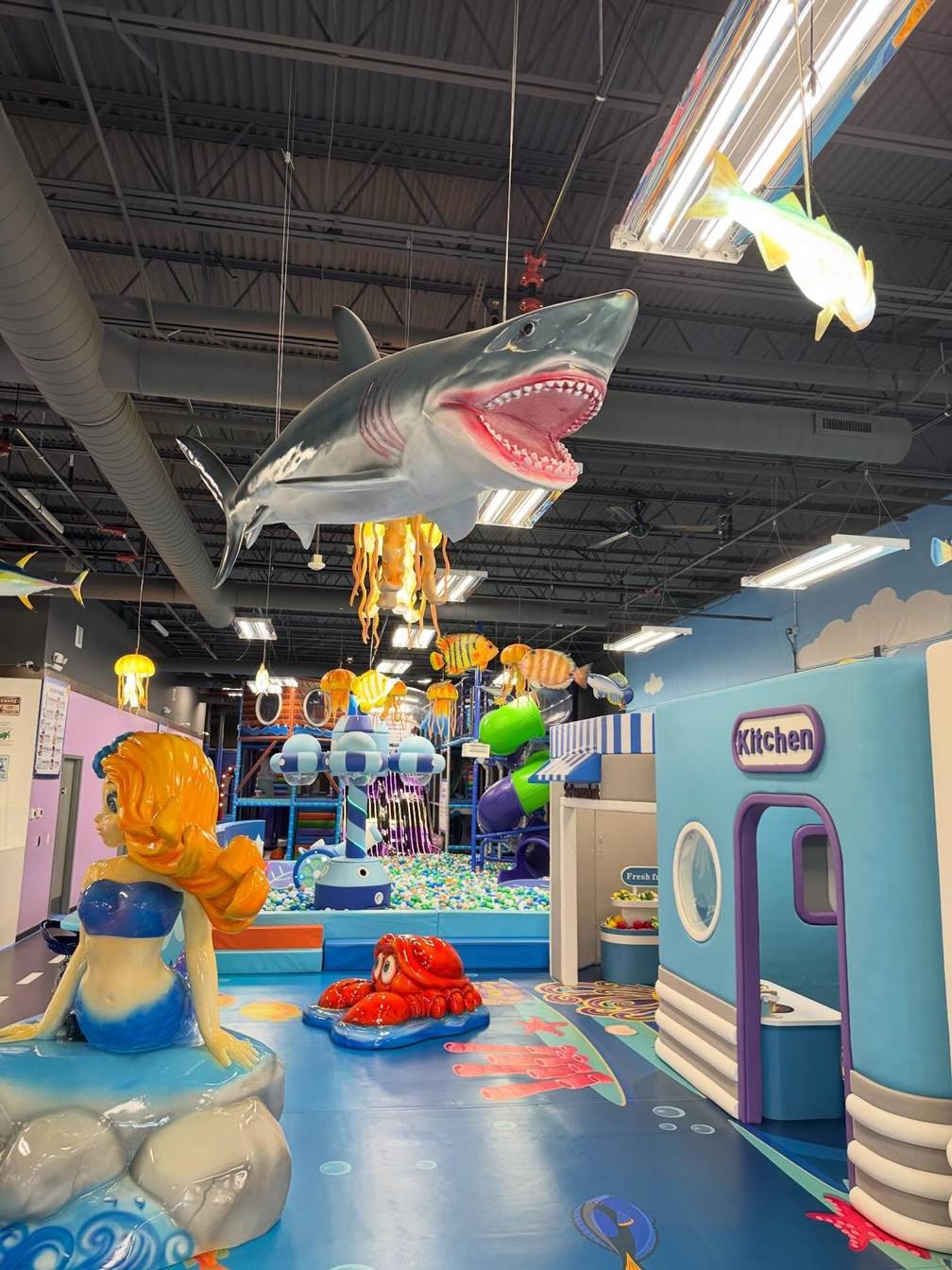 Indoor play area with a large shark hanging from the ceiling, colorful play structures, and a pretend kitchen area.