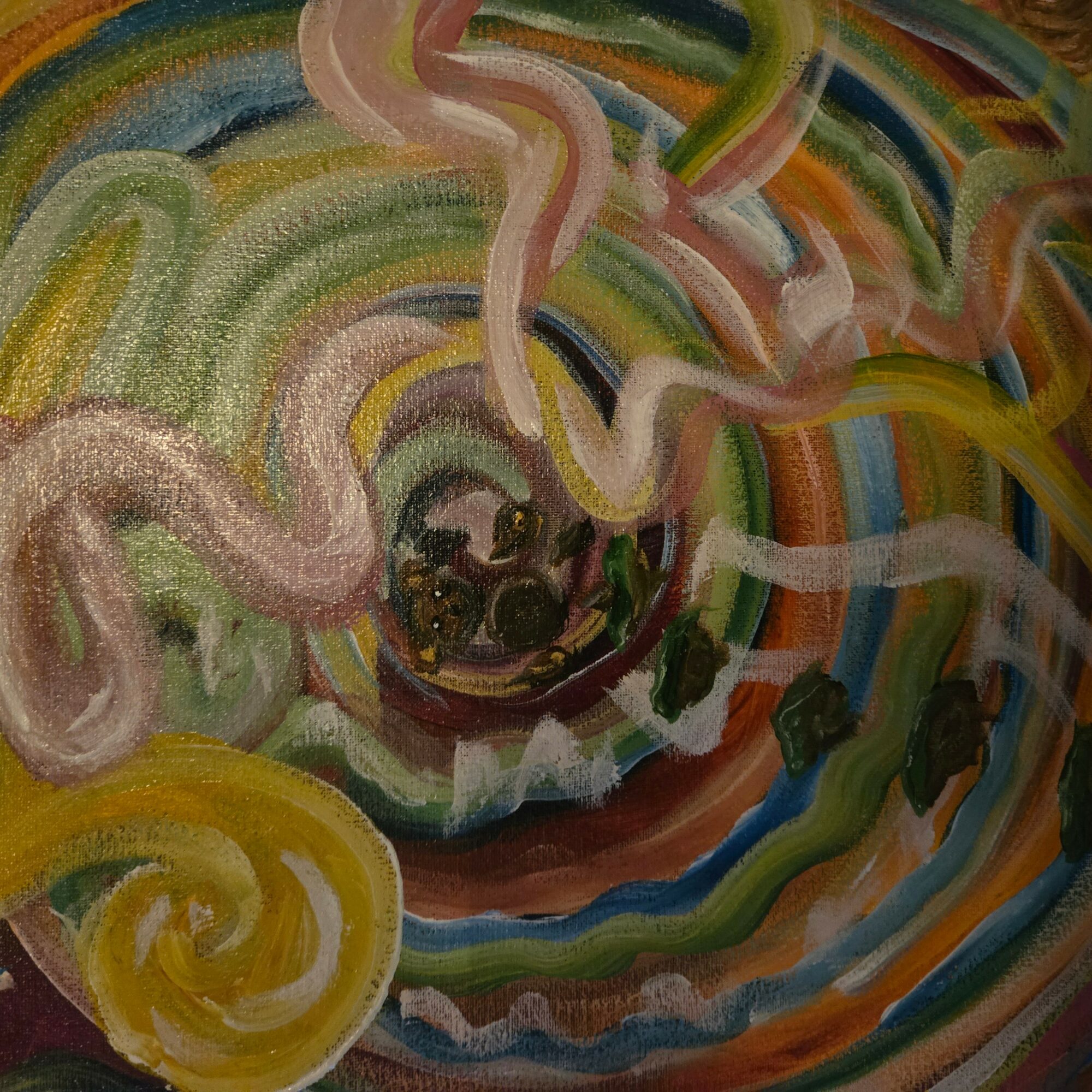 Colorful abstract painting with swirling lines and shapes, including a yellow spiral and various curved forms.